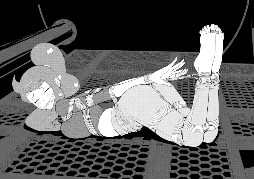 1girls apocalipsejack ass ball_gag barefoot black_and_white bondage bound closed_eyes feet gag gagged lying monochrome nintendo pokemon pokemon_ss ponytail restrained rope rope_bondage solo sonia_(pokemon) tied tied_up