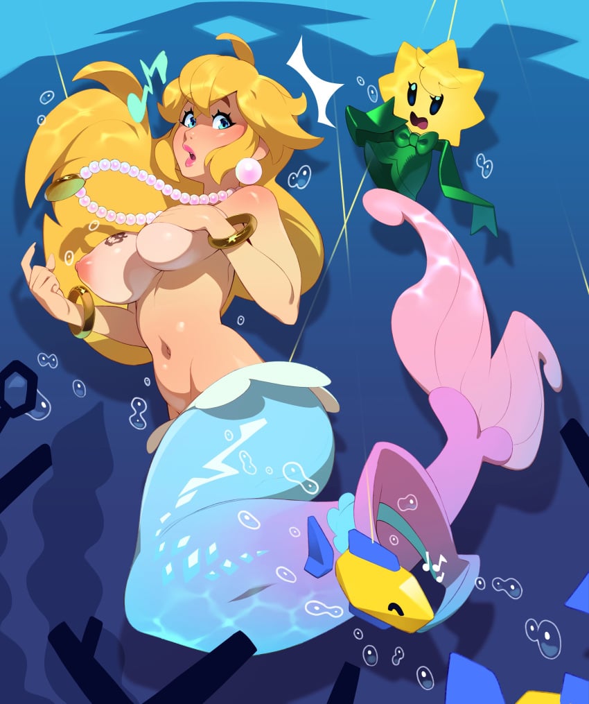 absurdres assisted_exposure blonde_hair blue_eyes blush bowser_tattoo breast_tattoo breasts combos-n-doodles earrings female highres jewelry large_breasts long_hair mario_(series) mermaid mermaid_peach monster_girl navel nipples open_mouth princess_peach princess_peach:_showtime! stella_(princess_peach:_showtime!) tattoo topless wardrobe_malfunction