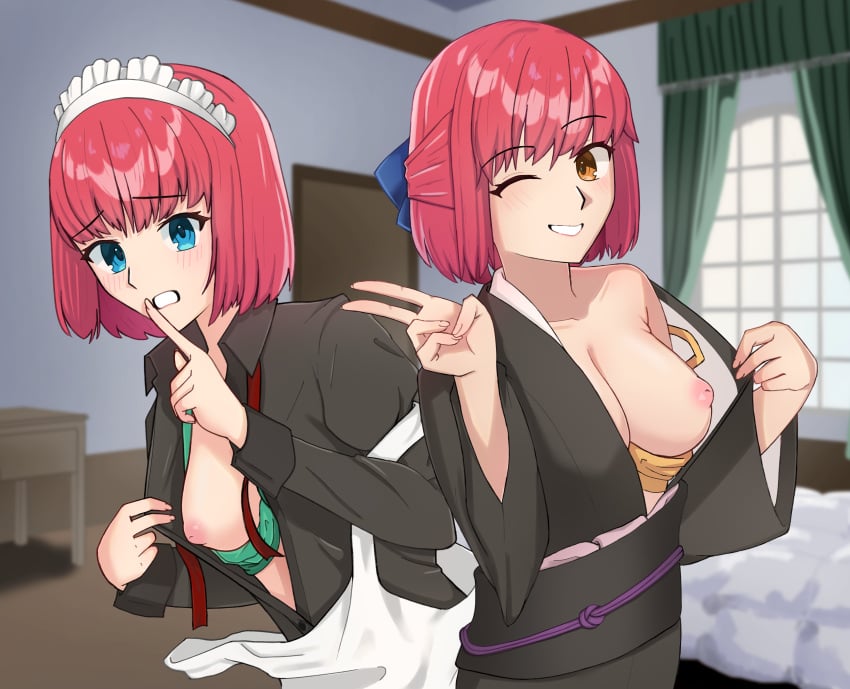 2girls :d ;d absurdres apron aqua_bra black_kimono blue_eyes blue_ribbon blunt_bangs blurry blush bow bra breasts cleavage collarbone commentary_request cowboy_shot curtains depth_of_field exhibitionism finger_to_mouth fingernails flashing grin hair_ribbon hairbow highres hisui_(tsukihime) indoors japanese_clothes kimono kohaku_(tsukihime) long_fingernails looking_at_viewer loose_neck_ribbon maid maid_headdress medium_breasts multiple_girls nipples obi off_shoulder okikumo one_eye_closed open_clothes open_mouth pointy_chin public_indecency red_hair red_ribbon ribbon sash short_hair shushing siblings sisters smile strap_gap tsukihime twins underwear upper_body v wide_sleeves window yellow_eyes