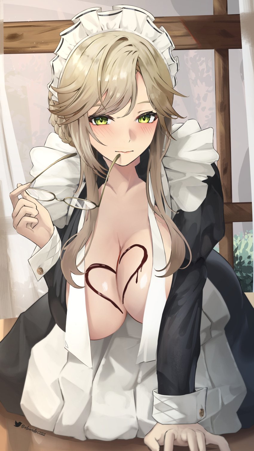 1girls ade_(nikke) blonde_hair blush breasts breasts_out chocolate chocolate_on_breasts cleavage curtains elvandec female female_only glasses glasses_removed goddess_of_victory:_nikke green_eyes highres holding_glasses huge_breasts light-skinned_female light_skin looking_at_viewer maid maid_headdress maid_uniform on_table sidelocks table tied_hair twitter_username valentine's_day window