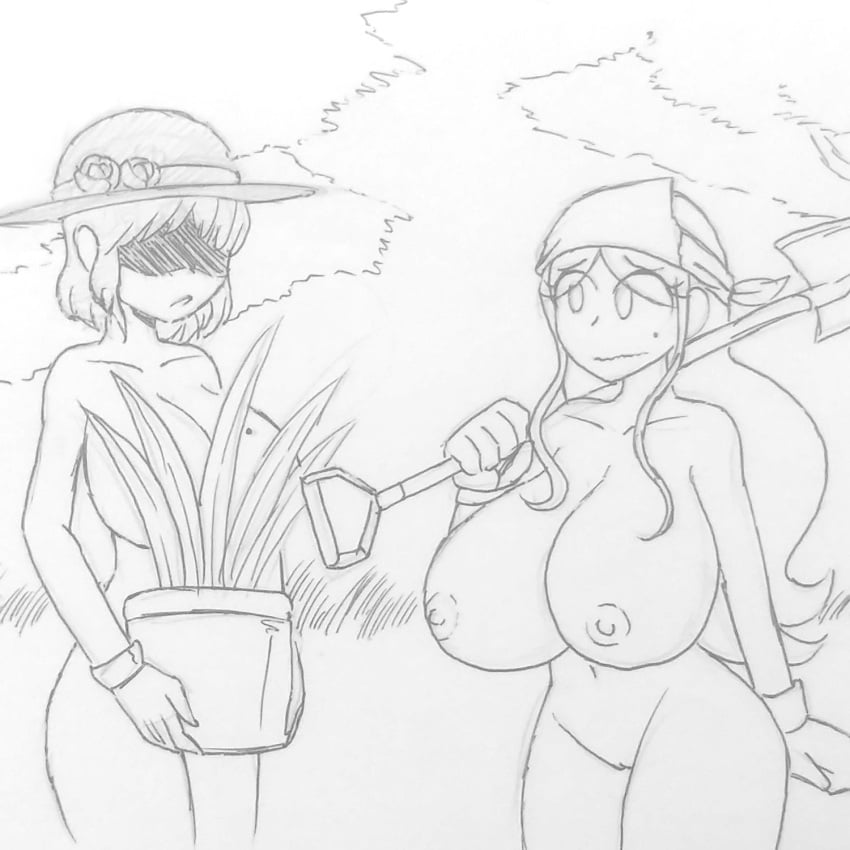 2girls aurelia_synthastasia bandana breasts clara_garcia covering enf4life9 female gardening gloves hat long_hair monochrome nairod103098 naked_bandana naked_gloves naked_hat navel nipples nude nude_female potted_plant pussy short_hair shovel tagme