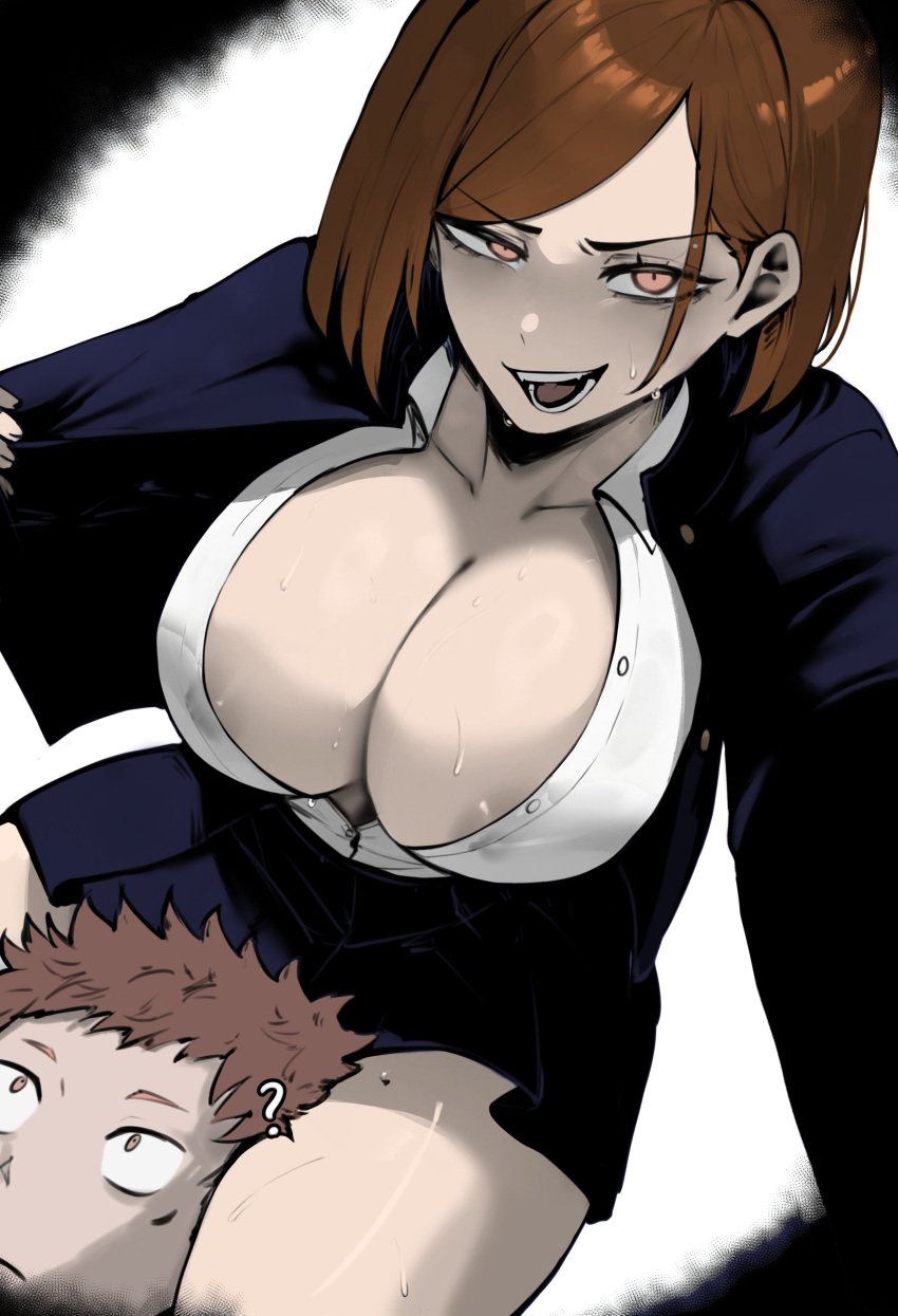 ajaycolor breasts cleavage color color_edit colored colored_hair colored_inner_hair colored_sketch colored_skin edit grin head_between_thighs itadori_yuuji jujutsu_kaisen kugisaki_nobara masoq095 monochrome open_shirt shonen_jump skirt sweat thighs