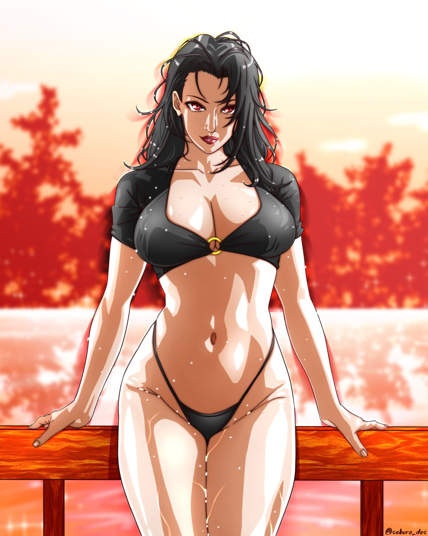 1girls alternate_costume arm_support bare_legs bare_midriff bare_thighs barely_clothed big_breasts bikini bikini_bottom bikini_top black_hair breasts commentary crop_top curvaceous g-string highleg highleg_bikini highleg_swimsuit kurenai_yuhi legs_together lipstick makeup mature mature_female messy messy_hair midriff milf mostly_nude naruto naruto_(series) naruto_shippuden oppai pinup railing red_eyes red_lipstick revealing_swimsuit saburo_des seaside seductive seductive_eyes seductive_look seductive_smile shoulder_length_hair skimpy skimpy_bikini soaked swimsuit text url watermark web_address wet wet_body wet_hair wet_skin yuuhi_kurenai