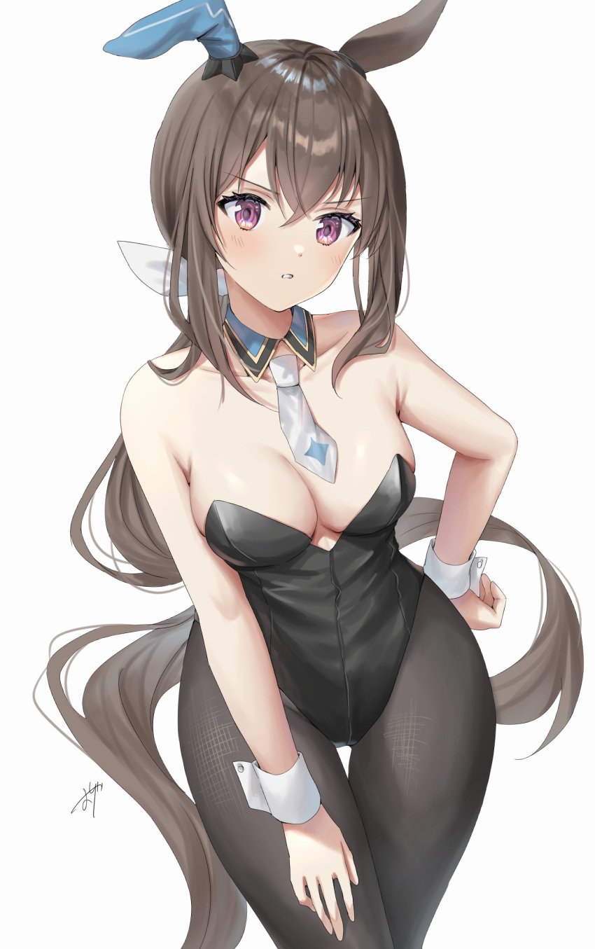 1girls absurd_res absurdres admire_vega_(umamusume) animal_ears armpits bare_arms bare_chest bare_shoulders belly belly_button black_bunnygirl_costume black_pantyhose blue_collar blush blush blush_lines blushing_female breasts breasts brown_eyebrows brown_hair brown_hair_female bunnygirl bunnygirl_outfit cleavage collar collarbone dot_nose elbows female female_focus female_only fingers groin hair_between_eyes hand_on_hip hand_on_own_hip hand_on_own_thigh hand_on_thigh head_tilt high_resolution highres hourglass_figure legs light-skinned_female light_skin long_hair looking_at_viewer medium_breasts navel necktie osyage921 pantyhose ponytail purple_eyes purple_eyes_female pussy shoulders simple_background slender_body slender_waist slim_girl slim_waist solo standing thick_thighs thighs thin_waist tilted_head umamusume upper_body v-line very_long_hair white_background white_necktie white_wrist_cuffs wide_hips wrist_cuffs