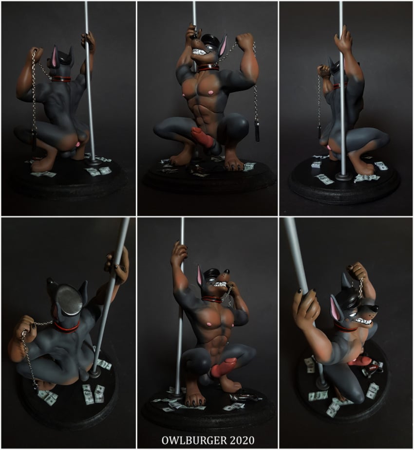 animal_genitalia anthro balls canid canine canis clenched_teeth crouching digitigrade dobermann domestic_dog duke_doberman genitals hi_res male mammal multiple_images muscular penis pinscher pole sheath smile solo stripper_pole supremeowl teeth