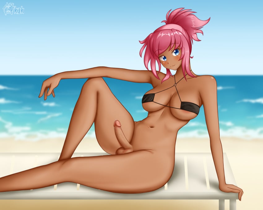 1futa alx_k2k areolae balls beach big_breasts big_penis bikini blue_eyes bottomless breasts clothed clothing dark-skinned_futanari dark_skin ellen_(futabu) erection futa_only futabu futanari human mostly_nude nipples penis pink_hair self_upload short_hair sitting solo