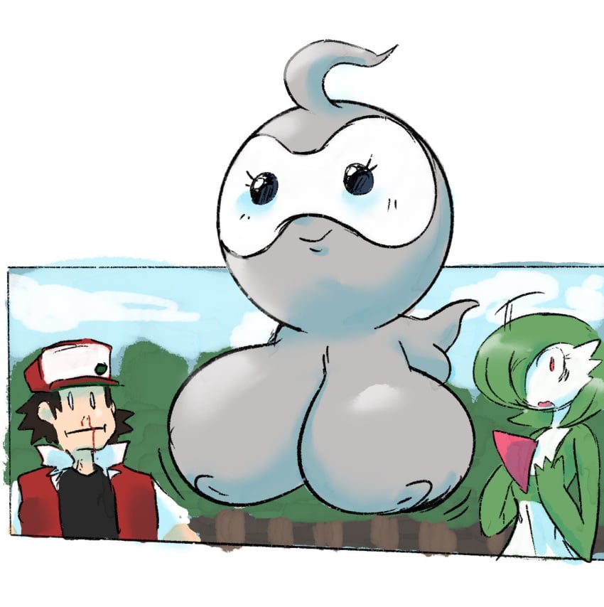 1boy 2girls big_breasts breast_envy breasts castform female gardevoir huge_breasts male nosebleed pokemon pokemon_(species) rchammer red_(pokemon) shitpost