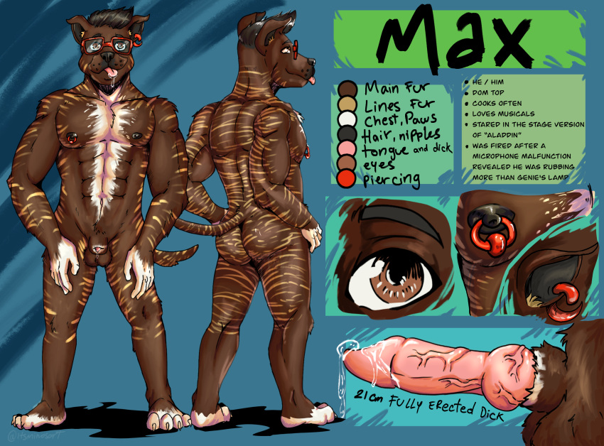 anthro canid canine canis character_name domestic_dog eyewear glasses hi_res humanoid itsminosart male mammal model_sheet penis piercing solo