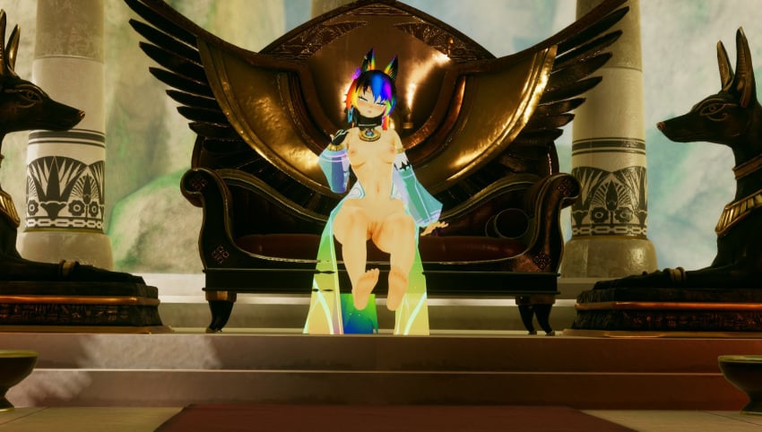 1girls ai_generated barefoot beckoning belly belly_button blush dancer_outfit dominant_female edited egyptian_mythology feet foot_fetish foot_focus fox_ears fox_girl indie_virtual_youtuber lugzx nipples novelai nude nude_female one_glove painted_nails pussy rainbow_hair soles throne throne_room toes vrchat vrchat_avatar vtuber yellow_eyes