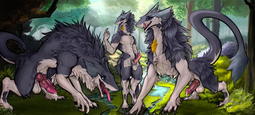 allanthesergal52_(artist) animal_genitalia anthro balls beast_sergal bodily_fluids cum cum_drip dripping feral genital_fluids genitals grass group hi_res male open_mouth outside penis plant sergal sheath tail tail_tuft tongue tongue_out tree trio tuft water