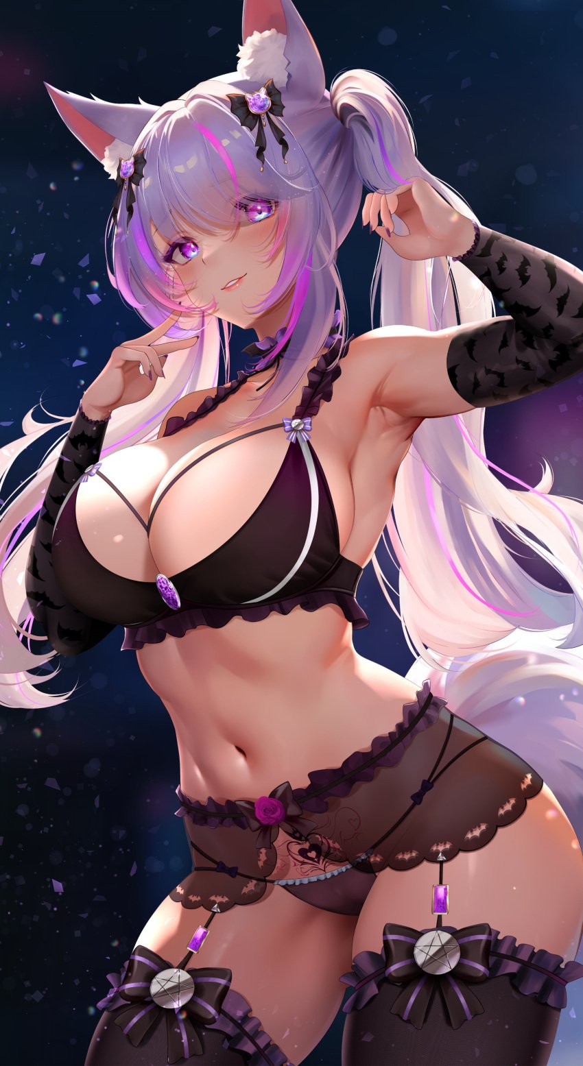 1girls 2d 2d_(artwork) animal_ears belly_button big_breasts blush bra cleavage dark_background female female_focus female_only front_view high_resolution highres hourglass_figure huge_breasts latam_virtual_youtuber light-skinned_female light_skin lingerie long_hair looking_at_viewer mia_paprika_(artist) navel nymphaaea pigtails purple_eyes purple_hair revealing_clothes slim_girl smiling smiling_at_viewer solo solo_female solo_focus standing tattoo thighhighs thong virtual_youtuber voluptuous voluptuous_female vtuber vtuberfanart young younger_female