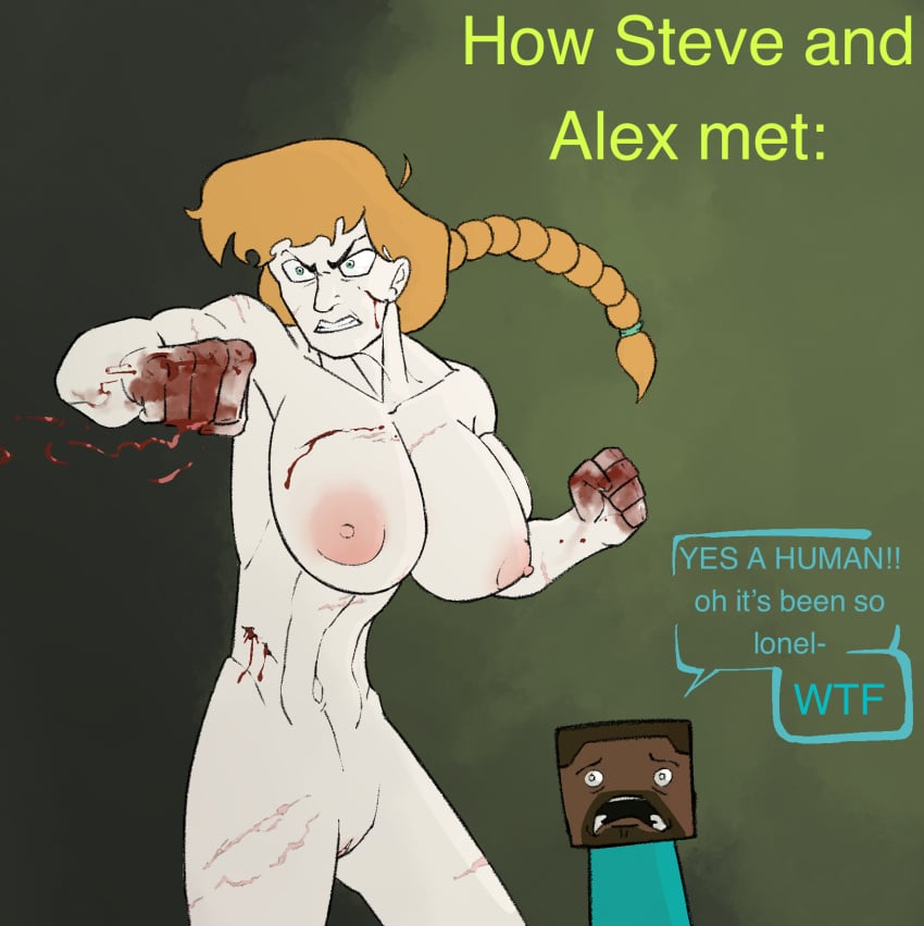 abs alex_(minecraft) angry angry_expression angry_face belly belly_button big_breasts blood blood_on_face blood_splatter blood_stain bottomless bottomless_female breasts breasts_bigger_than_head breasts_out casual casual_exposure casual_nudity casual_topless completely_naked completely_naked_female completely_nude completely_nude_female confused confused_expression confused_face confused_look confusion dialogue digital digital_art digital_drawing digital_drawing_(artwork) digital_media digital_media_(artwork) digital_painting_(artwork) eye_bags female fighting fighting_pose forest forest_background funny funny_face giant_breasts ginger ginger_hair green_background green_eyes hair_braid hairless_pussy human humor humor_porn injured injury masculine masculine_female masculinity messy messy_hair minecraft muscular muscular_arms muscular_female nipples no_bra no_panties no_pants no_pubes no_pubic_hair no_shirt no_underwear nude nude_female nudist nudity_curse pale-skinned_female pale_body pale_skin punching pussy red_hair scar scar_on_arm scar_on_cheek scar_on_chest scar_on_face scar_on_leg scar_on_stomach scars scars_all_over small_waist steve_(minecraft) text text_box text_bubble thick_thighs tired tired_eyes topless topless_female white_female white_skin wide_hips