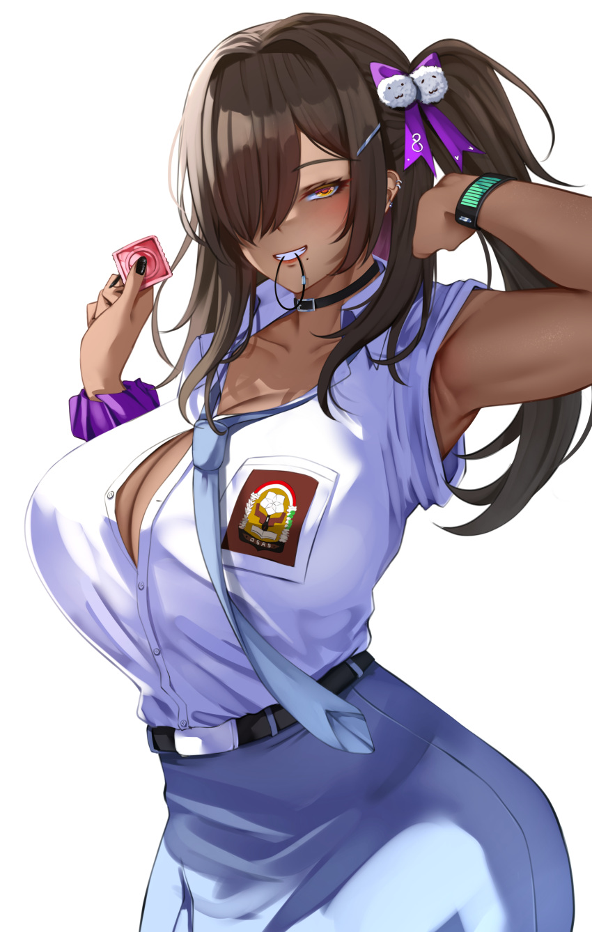 1girls absurd_res armpit black_nails blush breasts brown_hair choker cleavage condom condom_wrapper dark-skinned_female dark_skin ear_piercing eyebrows_visible_through_hair female female_only goddess_of_victory:_nikke gyaru hair_clip hair_covering_eye hair_intakes hair_ornament hair_ribbon holding_condom huge_breasts karma3009 long_hair looking_at_viewer loose_tie mole mole_under_mouth naga_(nikke) nails object_in_mouth open_shirt orange_eyes ponytail school_uniform schoolgirl scrunchie seductive_look seductive_smile unbuttoned_shirt unopened_condom_wrapper white_background wristband