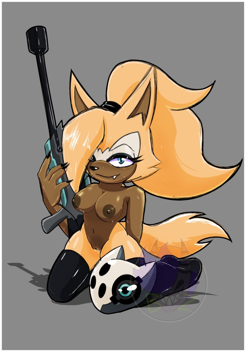 anthro areola beastly_z5 big_breasts black_clothing black_legwear black_nails black_thigh_highs blue_eyes breasts brown_areola brown_body brown_fur brown_nipples canid canine canis clothing colored_nails eyelashes fangs female fur genitals grey_background gun hair hair_over_eye hi_res holding_gun holding_object holding_ranged_weapon holding_weapon idw_publishing legwear looking_at_viewer mammal nails navel nipples nude one_eye_closed one_eye_obstructed orange_body orange_fur pussy ranged_weapon sega sharp_nails simple_background smile snaggle_tooth solo sonic_(series) sonic_the_hedgehog_(comics) sonic_the_hedgehog_(idw) sonic_the_hedgehog_(series) teeth thigh_highs weapon whisper_the_wolf white_body white_fur wink winking_at_viewer wolf