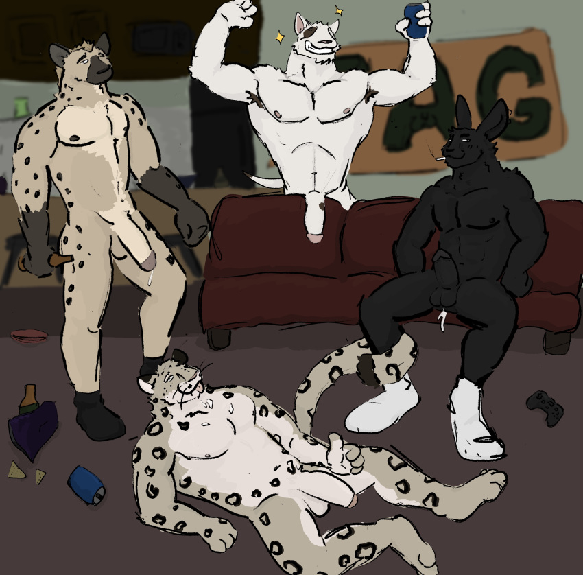 absurd_res animal_humanoid anthro beer_bottle beverage_can black_body black_fur blurred_background bodily_fluids bottle bulge canid canid_humanoid canine canine_humanoid canis cigarette clothing container controller cum cum_drip cum_in_ass cum_inside cum_on_chest cumshot_on_chest dickinoatmeal dog_humanoid domestic_dog dripping dripping_penis erection fangs felid flexing flexing_bicep flexing_both_biceps flexing_muscles fluffy fluffy_tail footwear footwear_only foreskin fur furniture furry_tail fuzzy_tail game_controller genital_fluids genitals group group_nudity group_sex hi_res hindpaw humanoid hyena lagomorph laying_pose leopard leporid lights_off looking_at_viewer lying male male/male mammal mammal_humanoid markings mostly_nude multicolored_body multicolored_fur muscular muscular_male night nipples no_socks on_side on_sofa pantherine party_sex paws penetration penile penile_penetration penis penis_peek precum rabbit sex sex_party simple_background sitting sitting_on_sofa smile smoke smoking smoking_cigarette smug_face smug_grin snow_leopard socks socks_only sofa spots spotted_body spotted_fur spotted_hyena tail teeth tongue white_body white_fur