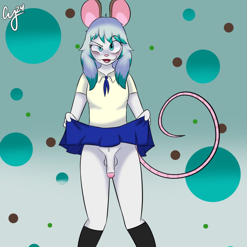 animal_humanoid anthro blue_bottomwear blue_clothing blue_hair blue_skirt blush bottomwear clothed clothing clothing_lift collared_shirt cybeeyoru female genitals gynomorph hair hi_res humanoid intersex male mammal mammal_humanoid mouse mouse_humanoid murid murid_humanoid murine murine_humanoid penis rodent rodent_humanoid school_uniform skirt skirt_lift solo uniform