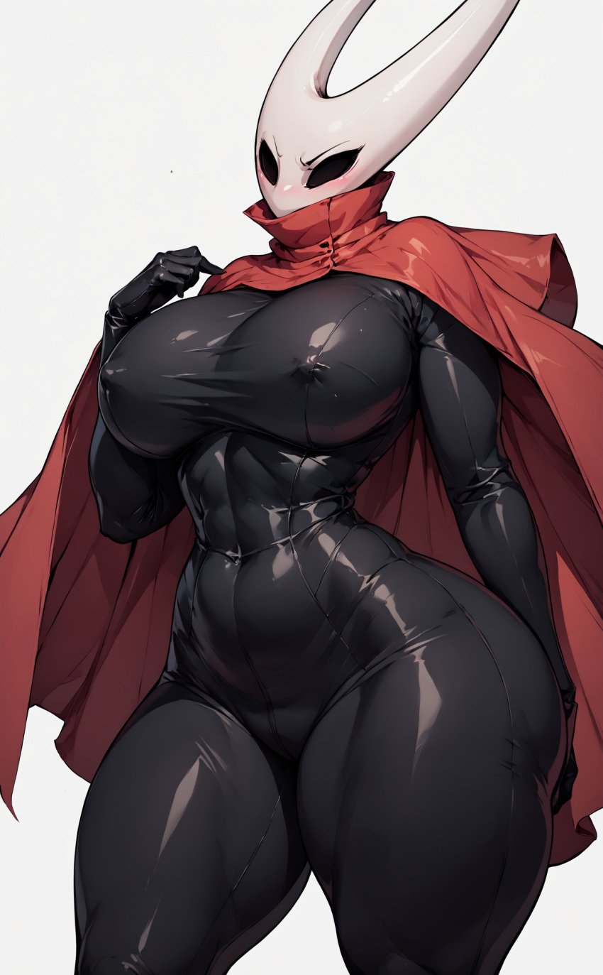 ai_generated black_skinsuit bodysuit clothed hollow_knight hornet_(hollow_knight) huge_ass huge_breasts huge_hips mask milf no_humans red_cape skin_tight thick_thighs white_background xheceox