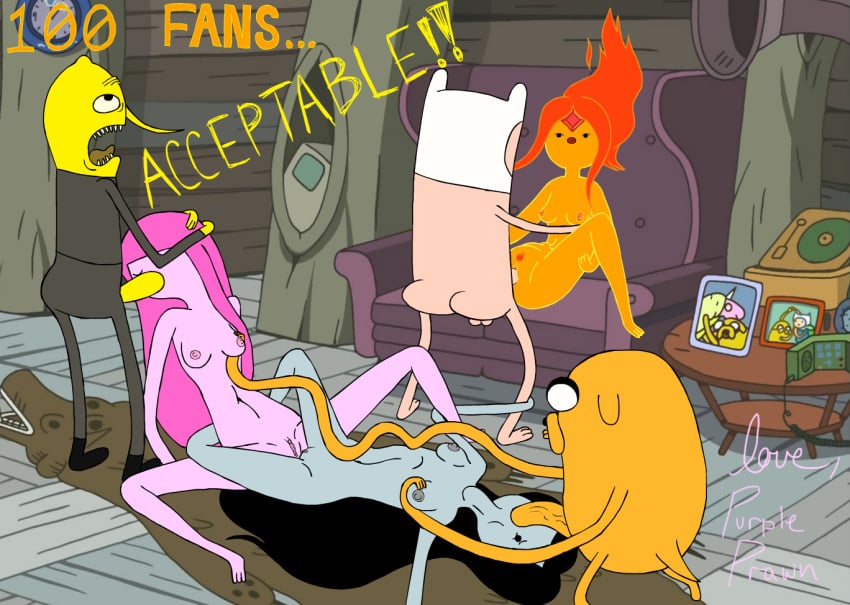 accurate_art_style adventure_time artist_signature blowjob earl_lemongrab english_text finn_the_human flame_princess group group_sex jake_the_dog marceline princess_bubblegum purpleprawn tribadism