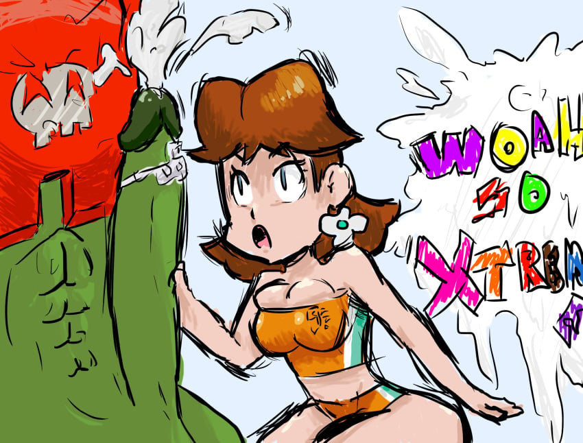 abs blue_eyes breasts brown_hair cleavage cumshot drawn earrings female green_body human kritter male mario_(series) mario_strikers nintendo open_mouth penis penis_grab princess_daisy shorts straight tagme topwear xroyxfirex