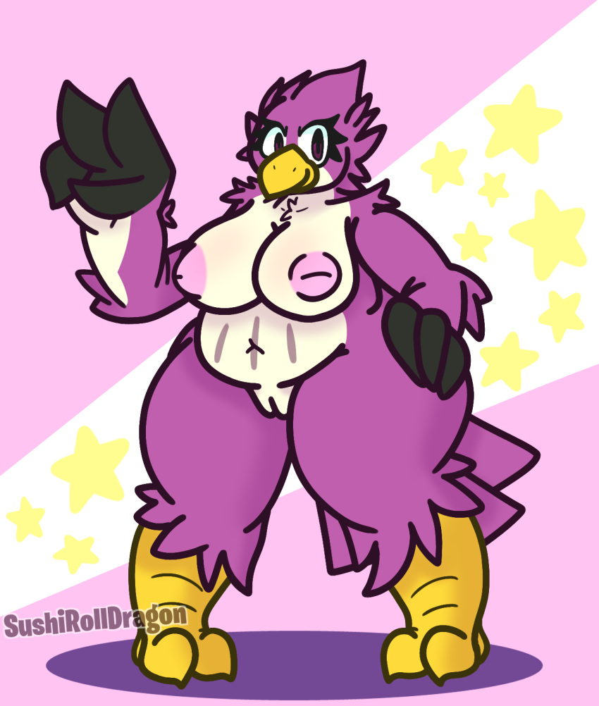 2019 anthro avian beak big_breasts bird breasts coo coo_(kirby) feathered_wings feathers female kirby_(series) nintendo nipples non-mammal_breasts nude owl pussy simple_background smile solo sushirolldragon thick_thighs v_sign video_games voluptuous wide_hips wings