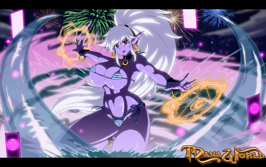 big_breasts bikini breasts cards dark_elf desingahv detailed_background elf elf_ears elf_female female female_focus female_only fireworks huge_breasts long_hair magic manacles manaworld pointy_ears purple_eyes purple_skin shadow_elf syx white_hair