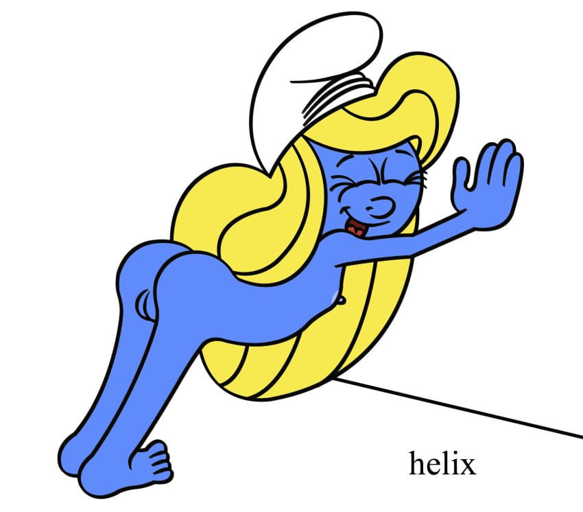 against_wall blue_skin hanna-barbera helix nipples presenting smurfette tagme the_smurfs