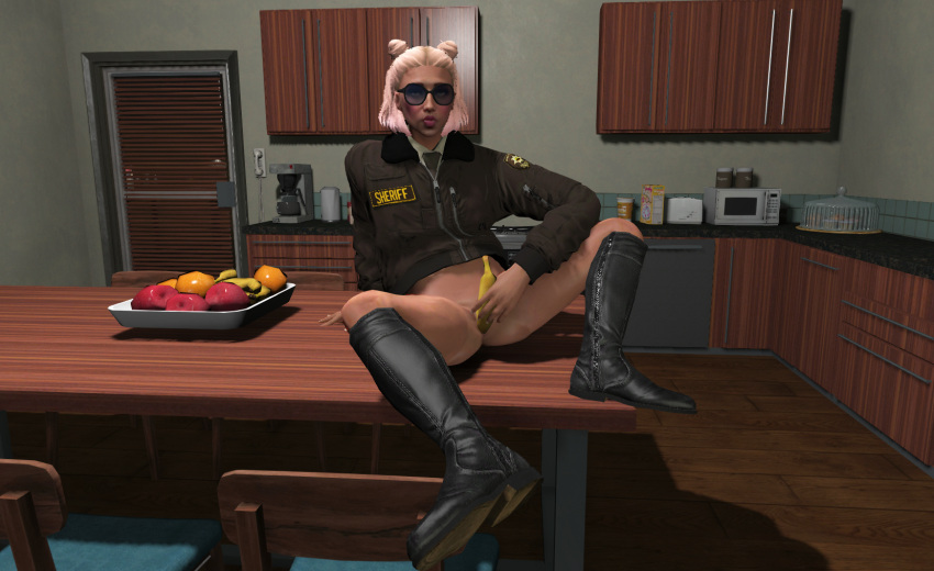 banana banana_in_pussy banana_insertion blush boots eyes_rolling_back fruit fruit_insertion glasses grand_theft_auto grand_theft_auto_online grand_theft_auto_v hair_buns lipstick masturbation mole_above_mouth no_pants nopixel peach_chee pink_hair police police_uniform policewoman solo solo_female spread_legs sunglasses symphony tagme thighs tinted_eyewear vaginal_insertion