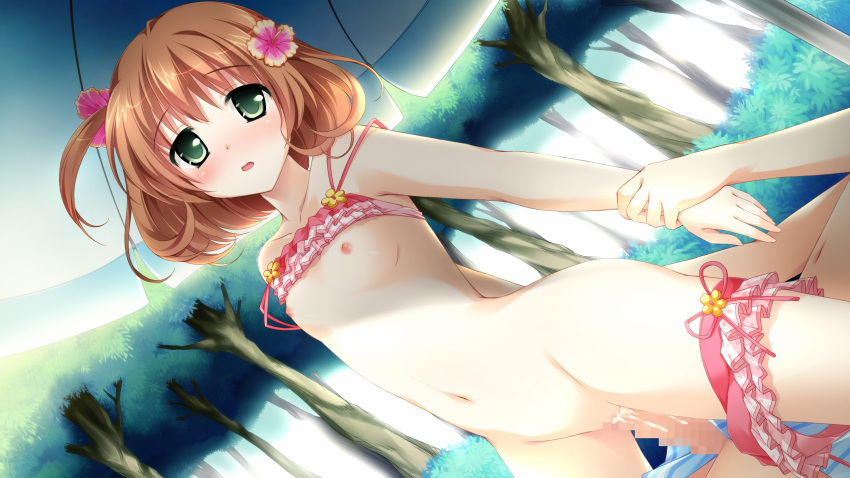 1boy blush breasts brown_hair censored chair female flower game_cg green_eyes inui_yuki kimishima_ao miyama_mizuki navel nipples otome_ga_tsumugu_koi_no_canvas otome_ga_tsumugu_koi_no_canvas_futari_no_gallery panties panties_around_leg penis pussy sex short_hair swimsuit vaginal_penetration