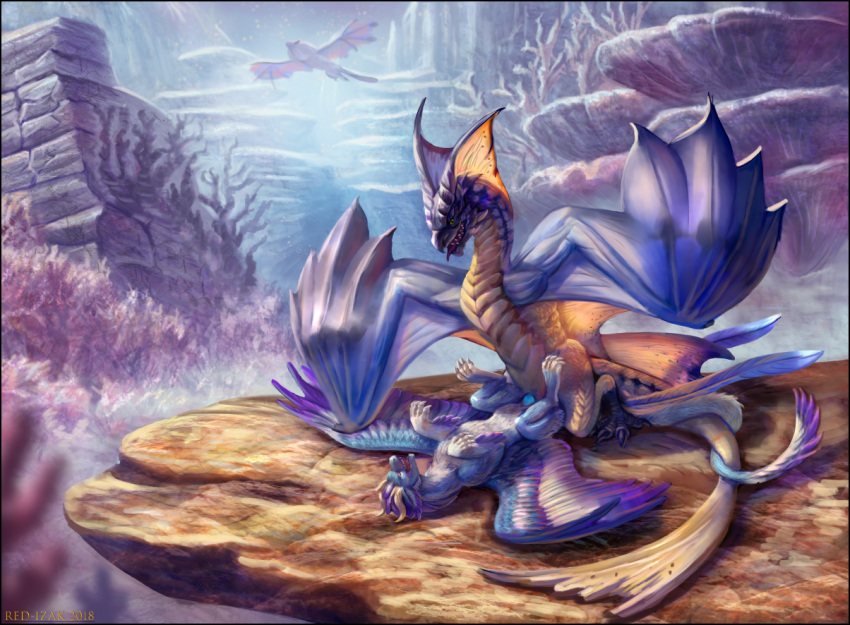 2018 akearyu blue_fur blue_penis blue_scales capcom coral coral_highlands detailed_background digitigrade dragon duo feathered_wings feathers female fur hi_res horn landscape legiana lying male membranous_wings missionary_position monster_hunter monster_hunter_world on_back paws penis red-izak rock rock_shelf scales scalie sex straight video_games white_fur white_scales wings wyvern