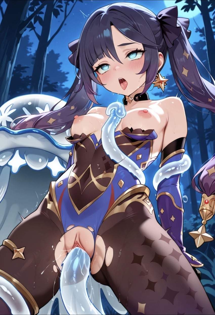 ahegao ai_generated crossover defeated empty_eyes exposed_breasts exposed_pussy genshin_impact hoipo hoyoverse hypnotized mind_control mona_(genshin_impact) nihilego pokemon pokephilia small_breasts tentacle tentacle_sex ultra_beast