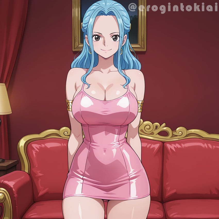 ai_generated arabasta_kingdom arabasta_saga arms_behind_back beautiful_girl before_sex big_boobs big_breasts blue_hair bracelets casting_couch couch curly_hair cyan_hair earrings erogintokiai female female_only huge_breasts indoors latex_clothing latex_dress mini_dress nefertari_vivi one_piece pale_skin pink_dress princess sexy_body shiny_clothes smile standing tagme: thick_thighs younger_female
