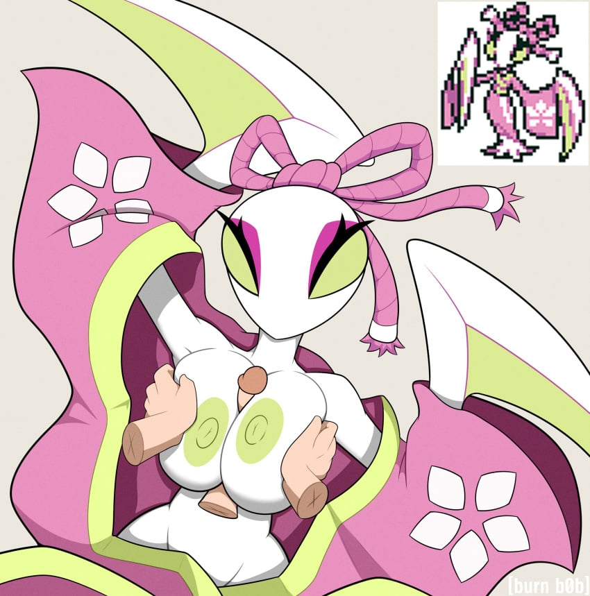 2026 anthro areola arthropod asian_clothing big_breasts breast_play breasts burnbob clothing darkner deltarune disembodied_penis duo east_asian_clothing eyeshadow female female_anthro genitals green_areola green_nipples hi_res insect japanese_clothing kimono makeup male male/female mantis mantis_(deltarune) nipples penis reference_image sex solo_focus titfuck undertale_(series)