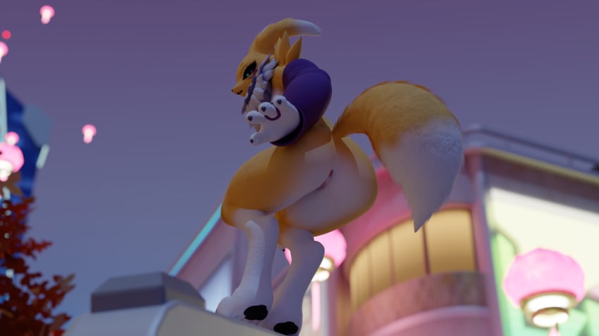3d 3d_(artwork) anthro anthro_female anthro_only ass_focus ass_up bandai_namco blender blue_eyes breasts digimon dogzeela kito0g renamon renamon_(dogzeela) white_fur yellow_fur