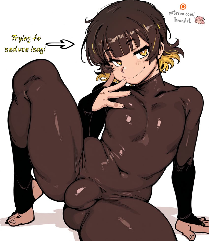 1boy 1femboy ai_generated bachira_meguru blue_lock bodysuit bridal_gauntlets covered_nipples femboy finger_to_cheek foot heart-shaped_pupils knee_up male male_focus multicolored_hair plump sitting_on_floor small_bulge smile solo solo_femboy solo_focus stirrup_legwear teasing thick thick_ass thick_thighs thronart wide_hips yellow_eyes