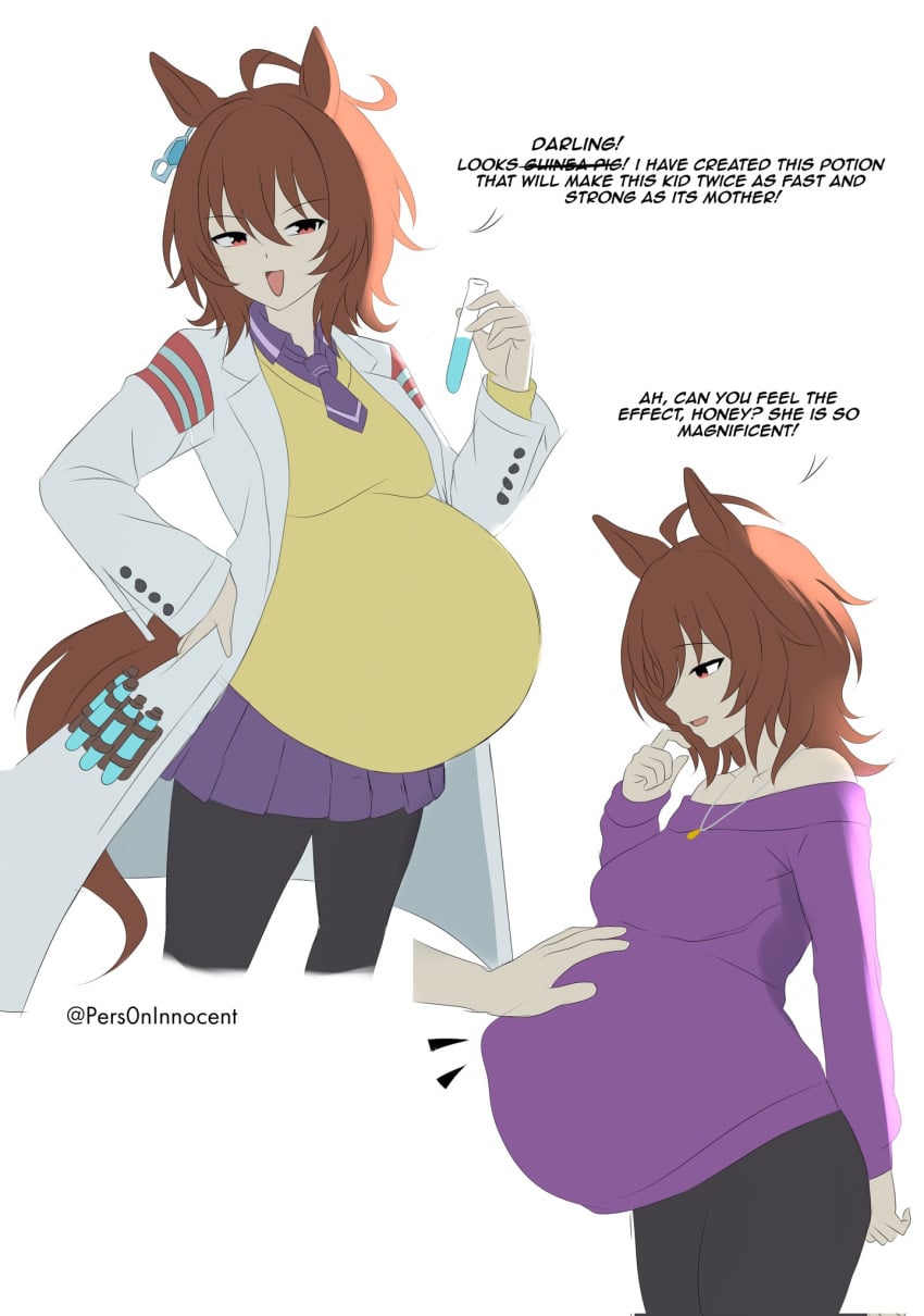 agnes_tachyon_(umamusume) baby_kicking belly_kicking brown_hair clothed cygames fetal_movement hand_on_hip horse_ears horse_girl horse_tail labcoat looking_at_viewer looking_down pregnant pregnant_belly pregnant_female sarawa_kotoku small_breasts test_tube text umamusume umamusume:_beginning_of_a_new_era umamusume_pretty_derby