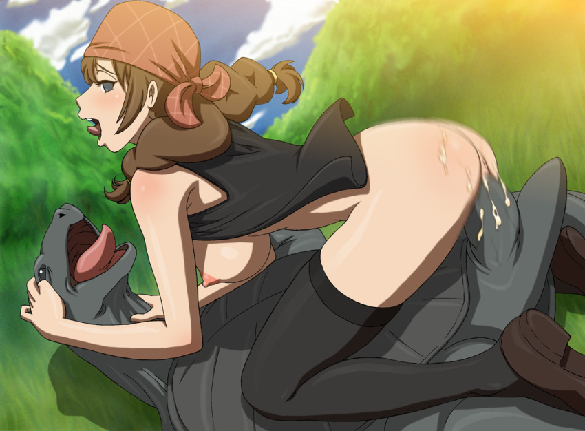 ass bare_shoulders big_breasts black_legwear blush bottomless breasts brown_hair cowgirl_position cum cum_in_pussy female grass grey_eyes happy_sex large_breasts looking_at_viewer moaning motion_blur nature nipples no_bra no_panties nude open_clothes open_shirt outdoors penis profile sasako_(shirokuma_cafe) sex shirokuma_cafe shirt side_view skindentation smile stockings straddle thighhighs tongue tongue_out toyomaru turtle vaginal_penetration zoophilia