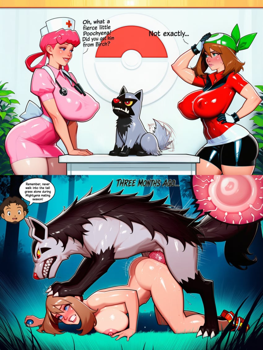 2girls ai_generated areolae bandana bestiality_impregnation big_breasts blue_eyes breasts breeding brown_hair canine canine_on_human canine_penis dialogue dominant_feral english_text female female_on_feral feral feral_dominating_human feral_on_female feral_on_human feral_penetrating feral_penetrating_human fertilization forced_impregnation graena haruka_(pokemon) haruka_(pokemon_oras) human human_female human_mother_baby_pokemon human_on_feral human_penetrated impregnation interspecies interspecies_impregnation interspecies_rape joi_(pokemon) killkong knotted_penis light-skinned_female light_skin may_(pokemon) may_(pokemon_oras) mightyena nipples nurse nurse_cap nurse_joy nurse_uniform on_all_fours on_knees pale-skinned_female pink_hair pochiena pokemon pokemon_(species) pokemon_on_female pokemon_rse pokephilia poochyena pushing_head pushing_head_down rape raped_female sperm_cell sperm_meets_ovum stethoscope submissive_female text tight_clothing zoophilia_pregnancy