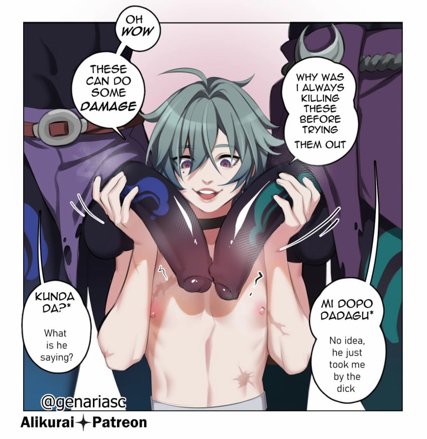 3boys abs alikurai aqua_hair before_blowjob black_choker choker completely_nude english_text excited gay gay_male genshin_impact group_sex highres hilichurls_(species) holding holding_penis lohen_(genshin_impact) male_focus mmm_threesome mole mole_under_eye monster_cock multicolored_eyes multiple_boys muscular muscular_male necktie nipples nude open_mouth penis scar short_hair speech_bubble testicles threesome yaoi