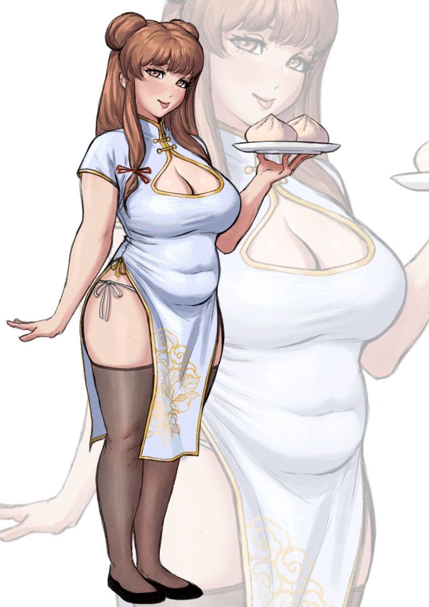 alternate_version_available belly belly_fat big_breasts breasts brown_eyes brown_hair brown_hair_female brunette brunette_hair buns chinese_clothes chinese_dress chubby chubby_belly chubby_female commission dress dumpling dumplings fat_belly female female_only hairbun hairbuns holding_food holding_object holding_tray jimcheaseburger large_breasts light_brown_eyes light_brown_hair light_skin light_skinned_female looking_at_viewer thick thick_thighs thighhighs thighs twitter_link unknown_character