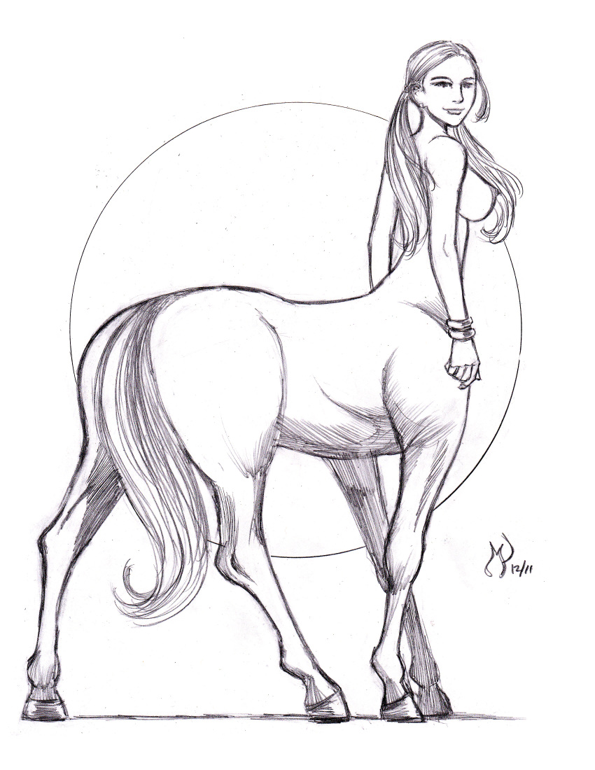 breasts centaur drawn female greek_mythology michael_powell monochrome mythology taur