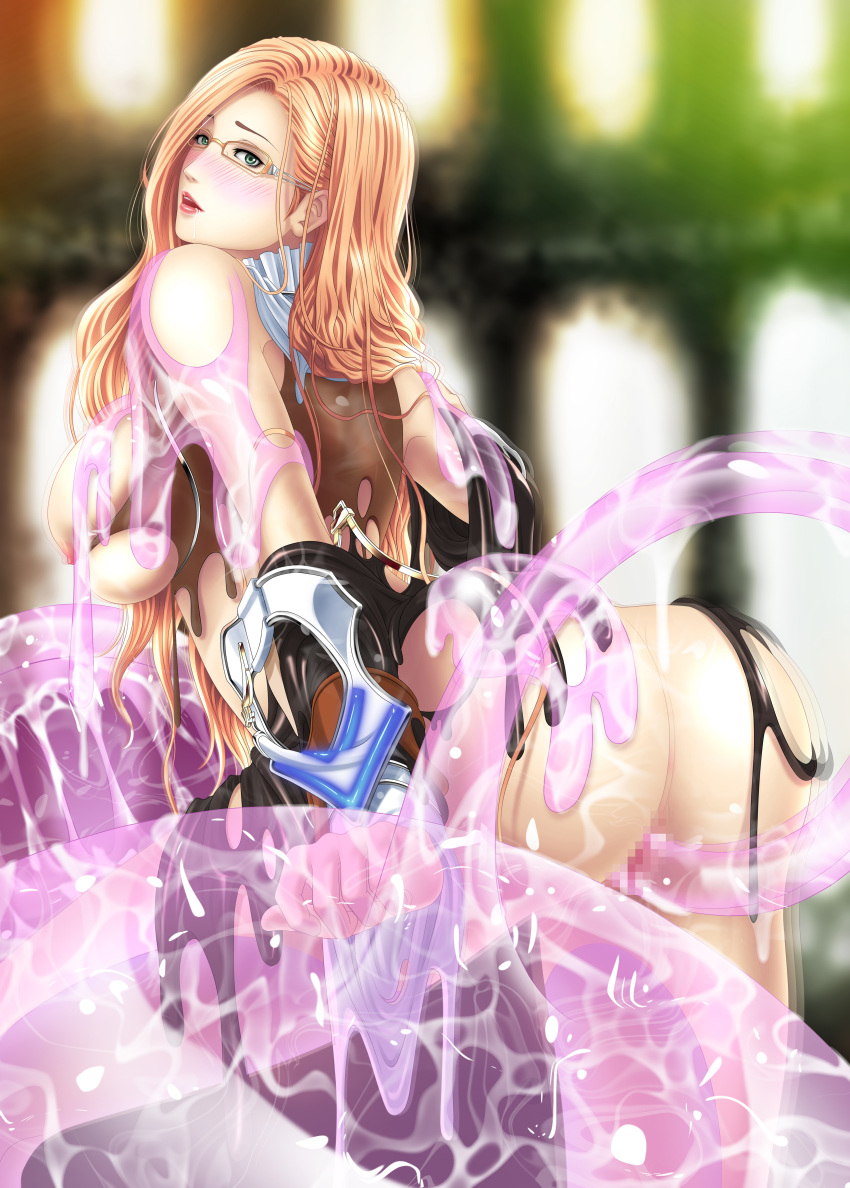 blonde_hair blush breasts clothed_sex clothing female final_fantasy final_fantasy_xiii glasses jihl_nabaat open_mouth penetration pussy restrained sex slime_monster tentacle torn_clothes vaginal_penetration