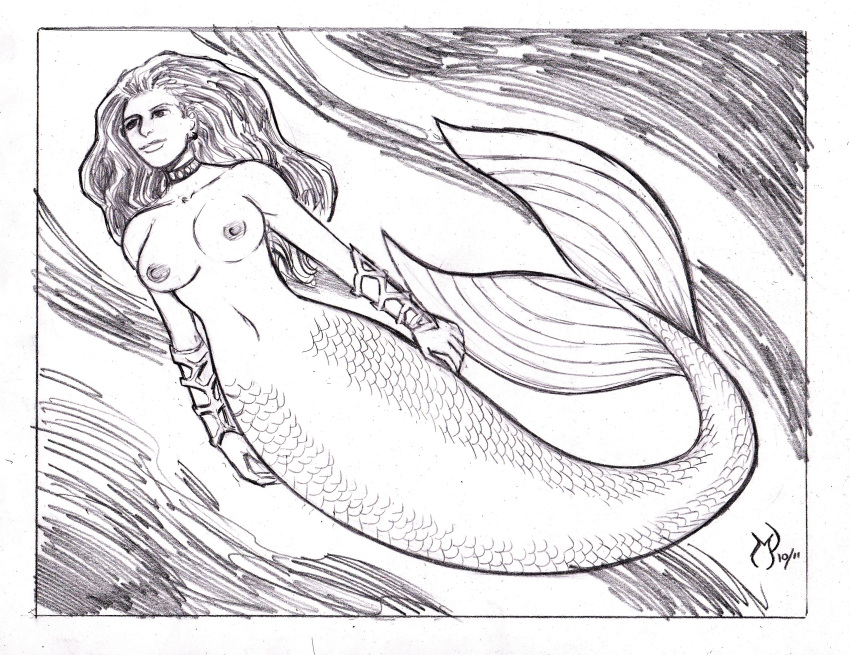 1girls areola black_and_white breasts gauntlets long_hair mermaid mermaid_tail michael_powell mythology navel nipples no_bra sketch swimming tagme tail_fin topless underwater voluptuous water