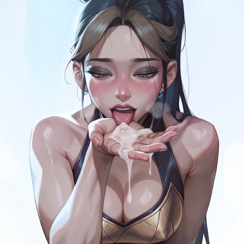 1girl after_handjob after_sex ai_generated asian asian_female black_hair blush blushing breasts cleavage crop_top cum cum_addict cum_on_hand earrings eating_cum eyebrows eyelashes eyeshadow falewii female female_focus fingernails grey_eyes heavy_breathing horny horny_female k/da_all_out_kai'sa k/da_all_out_series k/da_kai'sa k/da_series kai'sa league_of_legends licking licking_cum licking_hand light-skinned_female lips lipstick long_ponytail looking_at_cum looking_at_hand makeup nails ponytail riot_games self_upload simple_background steam steaming_body steamy_breath white_background