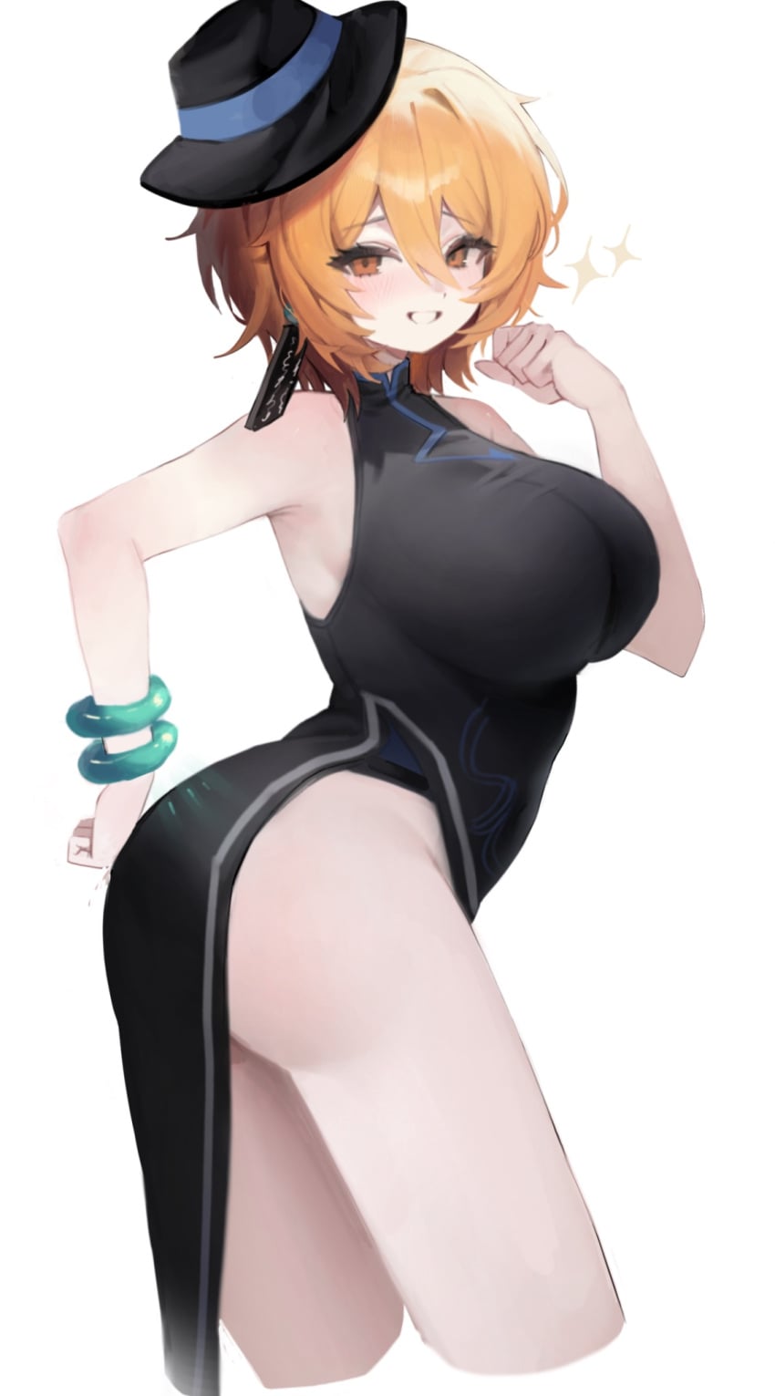 1girl ass black_dress black_hat blonde_hair breasts china_dress chinese_clothes cinq_association_(identity)_(project_moon) cinq_association_east_uniform cowboy_shot don_quixote_(limbus_company) dress hat highres large_breasts limbus_company looking_at_viewer orange_eyes project_moon short_hair simple_background smile solo star_(symbol) white_background