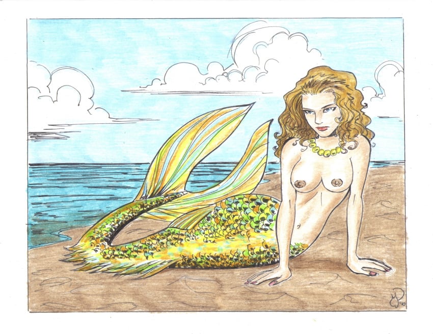 1girls areola beach breasts curly_hair female hair jpg long_hair mermaid mermaid_tail michael_powell mythology navel necklace nipples no_bra nude tagme topless voluptuous water yellow_tail