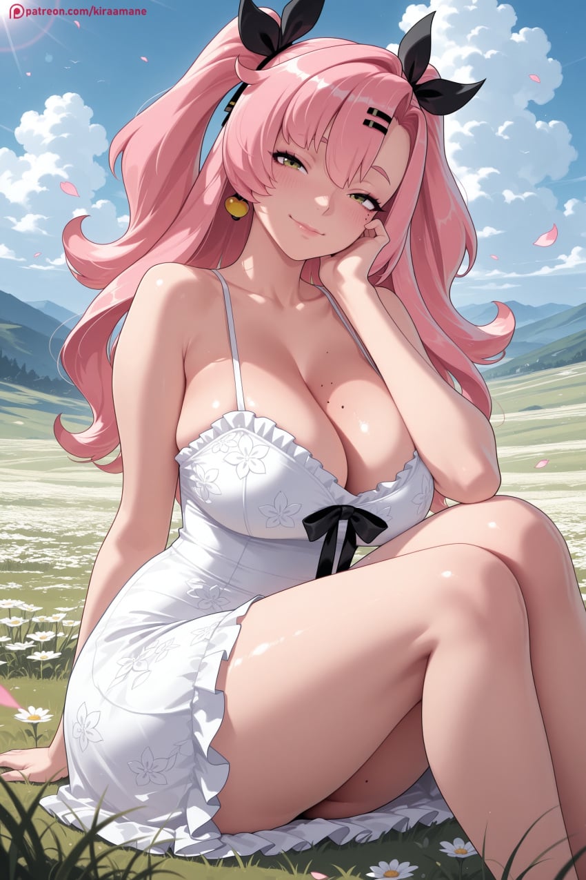 1girl ai_generated bangs bare_shoulders black_ribbon blush breasts cleavage cloud collarbone day dress eyebrows_visible_through_hair grass hair_ornament hair_ribbon hairclip hi_res high_quality high_resolution kiraamane large_breasts long_hair looking_at_viewer mole_on_breast nicole_demara outdoors patreon petals pink_hair ribbon seductive sexy sitting sky sleeveless smile solo thighs twintails uncensored water watermark white_dress zenless_zone_zero