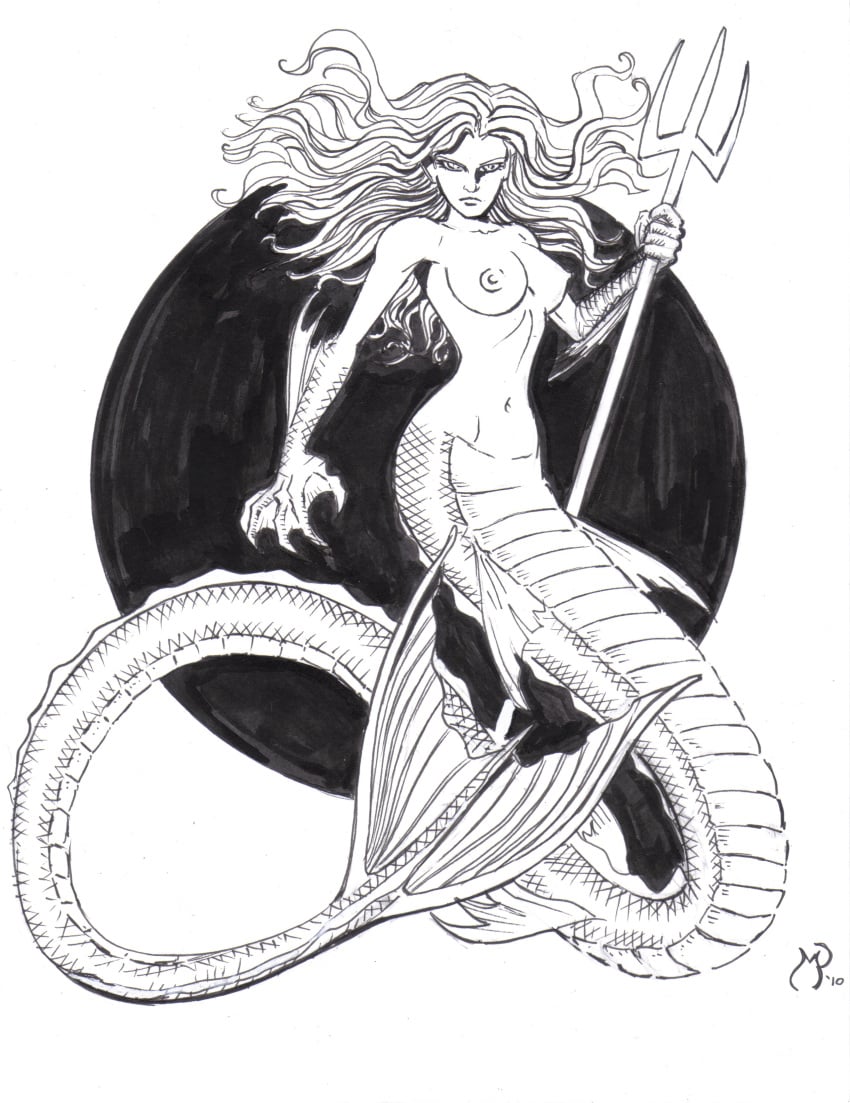 black_and_white breasts female mermaid michael_powell mythology sketch tagme