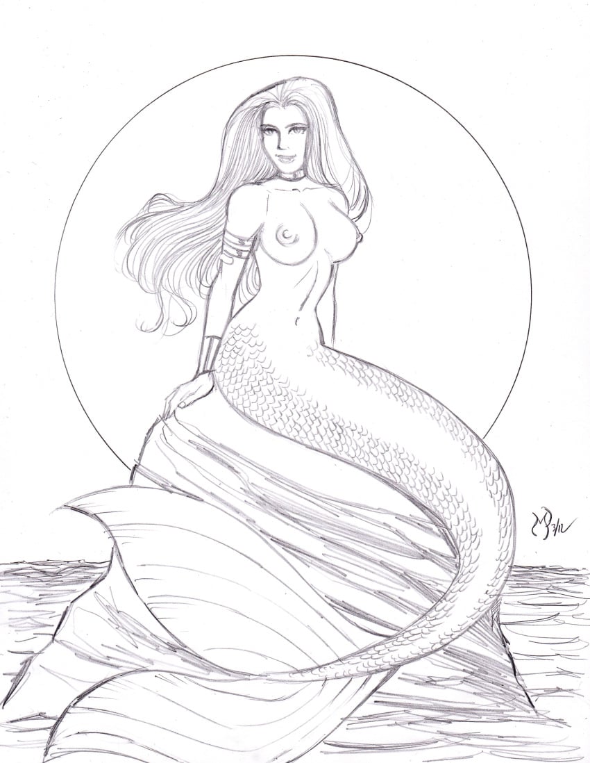 1girls armlet black_and_white breasts cleavage female long_hair mermaid mermaid_tail michael_powell mythology sketch tagme