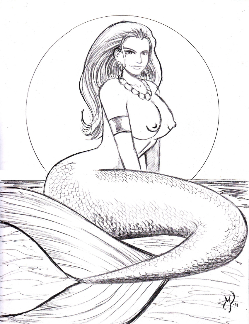 2011 areola armlet black_and_white breasts busty cleavage long_hair mermaid mermaid_tail michael_powell mythology nipples no_bra ocean pearl_necklace sketch tagme tail_fin topless voluptuous