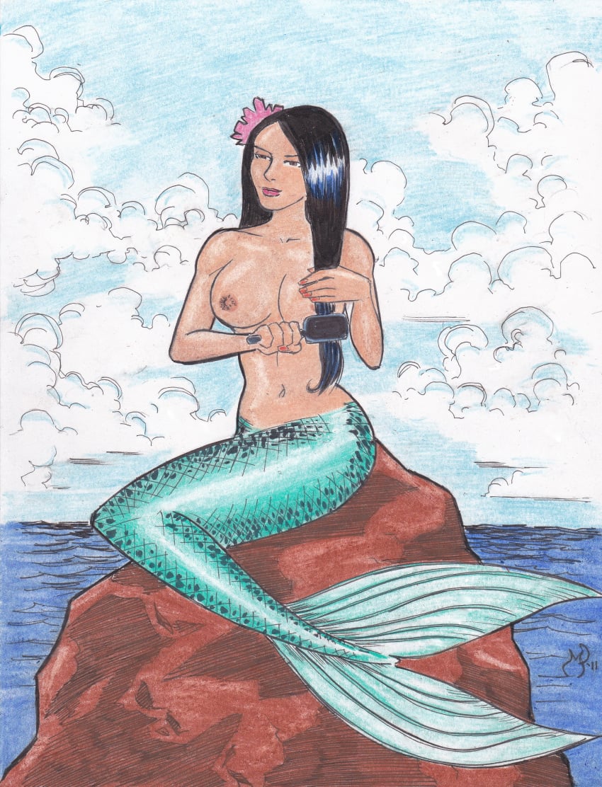 1girls asian black_hair breasts brushing_hair female hairbrush long_hair mermaid mermaid_tail michael_powell mythology navel no_bra tagme tail_fin topless